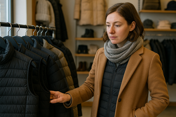 A woman in a GOKOZY heated vest browsing heated vests on display in a clothing store.