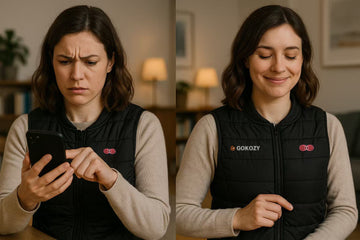 Woman using and adjusting a GOKOZY heated vest indoors.