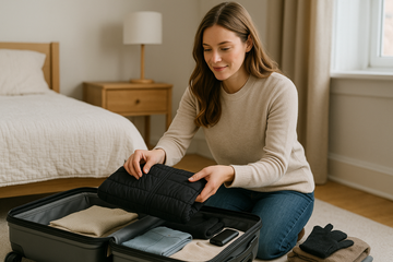 Woman packing a heated vest neatly into her suitcase before a winter trip.