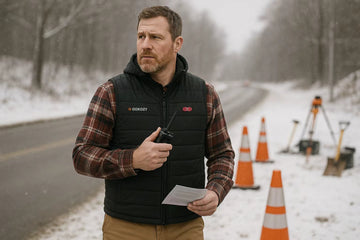 Man wearing a GOKOZY heated vest working outdoors in snowy weather.