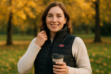Smiling woman wearing a GOKOZY heated vest outdoors in autumn, holding a reusable coffee cup.