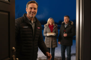 A Caucasian host in a heated jacket warmly welcomes relatives at his front door on a chilly Thanksgiving evening, his eyes are open and expressing genuine happiness.