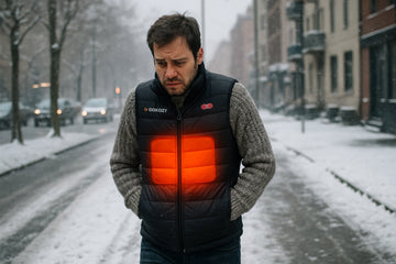 A man standing at a UK bus stop on a cold, windy day, wearing a heated vest over a jumper without a jacket, looking visibly cold and uncomfortable.