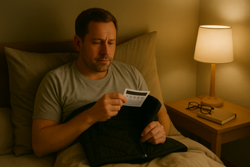Man reading heated vest instructions while sitting in bed at night.