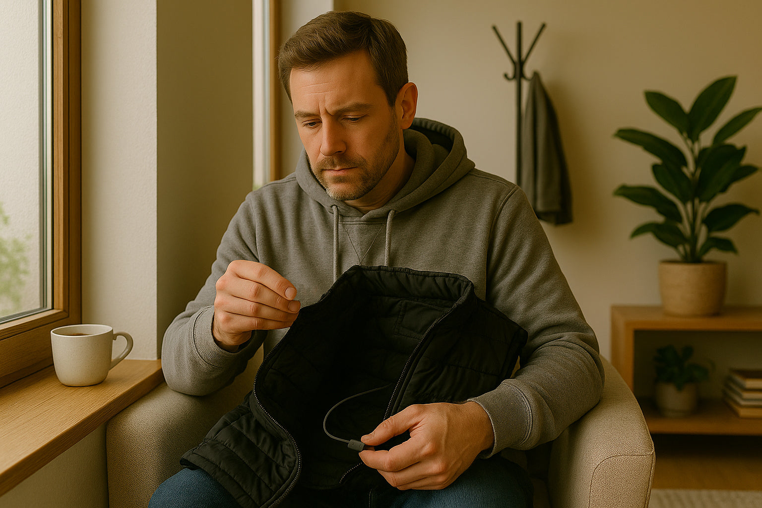 Man inspecting cable inside a black heated vest at home.