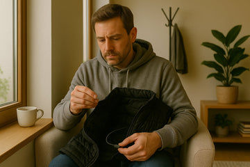 Man inspecting cable inside a black heated vest at home.