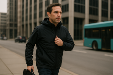 Man in a black jacket walking on a city street with a bus in the background.