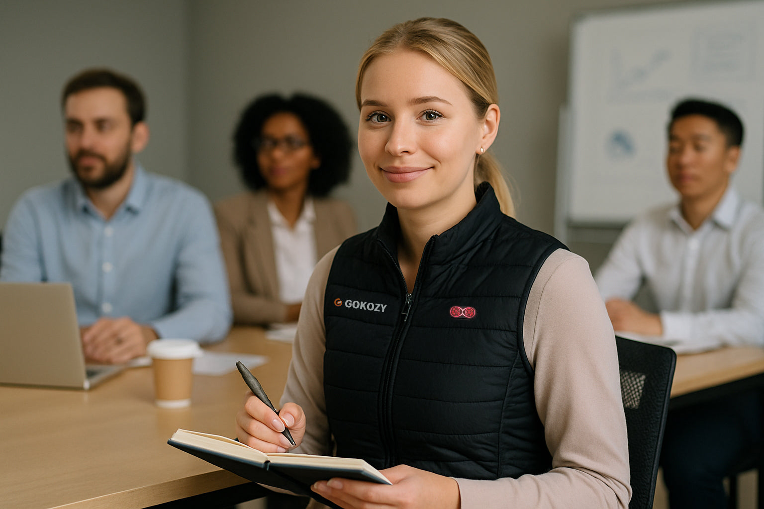 Young woman wearing a GOKOZY heated vest in the office, taking notes during a meeting.