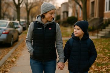 A mother in a GOKOZY heated vest walking hand-in-hand with her son on a crisp autumn morning.