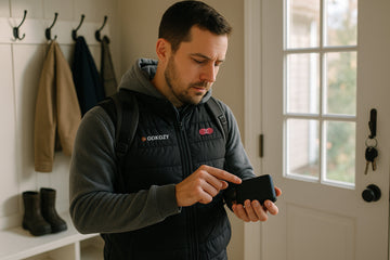 A man wearing a GOKOZY heated vest indoors, holding a spare power bank.