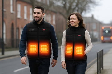 A man and woman walking outside in the UK winter wearing heated gilets, looking warm and relaxed.