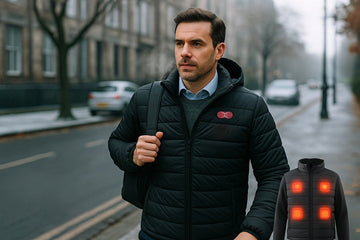 Man walking a rainy UK city street in a black GOKOZY heated puffer jacket, with an inset diagram showing four glowing heating zones on the back