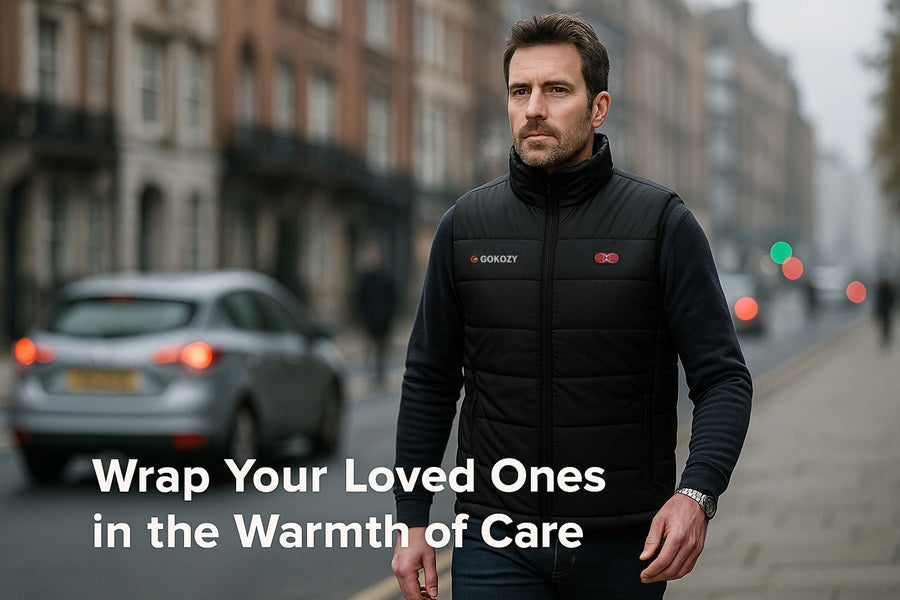 A man commuting on a cold UK morning wearing a heated gilet safely.