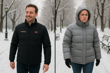 Man wearing a GOKOZY heated jacket smiling in the snow beside a woman in a down jacket looking cold.