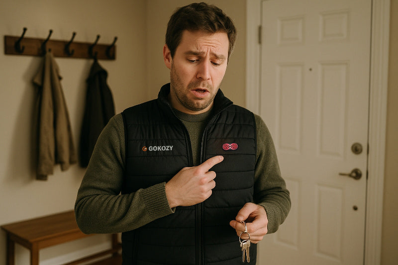 Man wearing a GOKOZY heated vest pointing at the power button with a surprised expression.