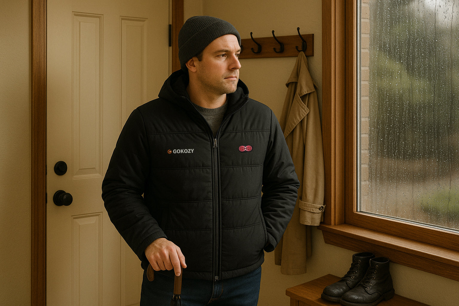 Man wearing GOKOZY heated jacket by a rainy window