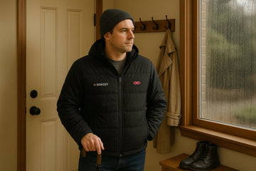 Man wearing GOKOZY heated jacket by a rainy window