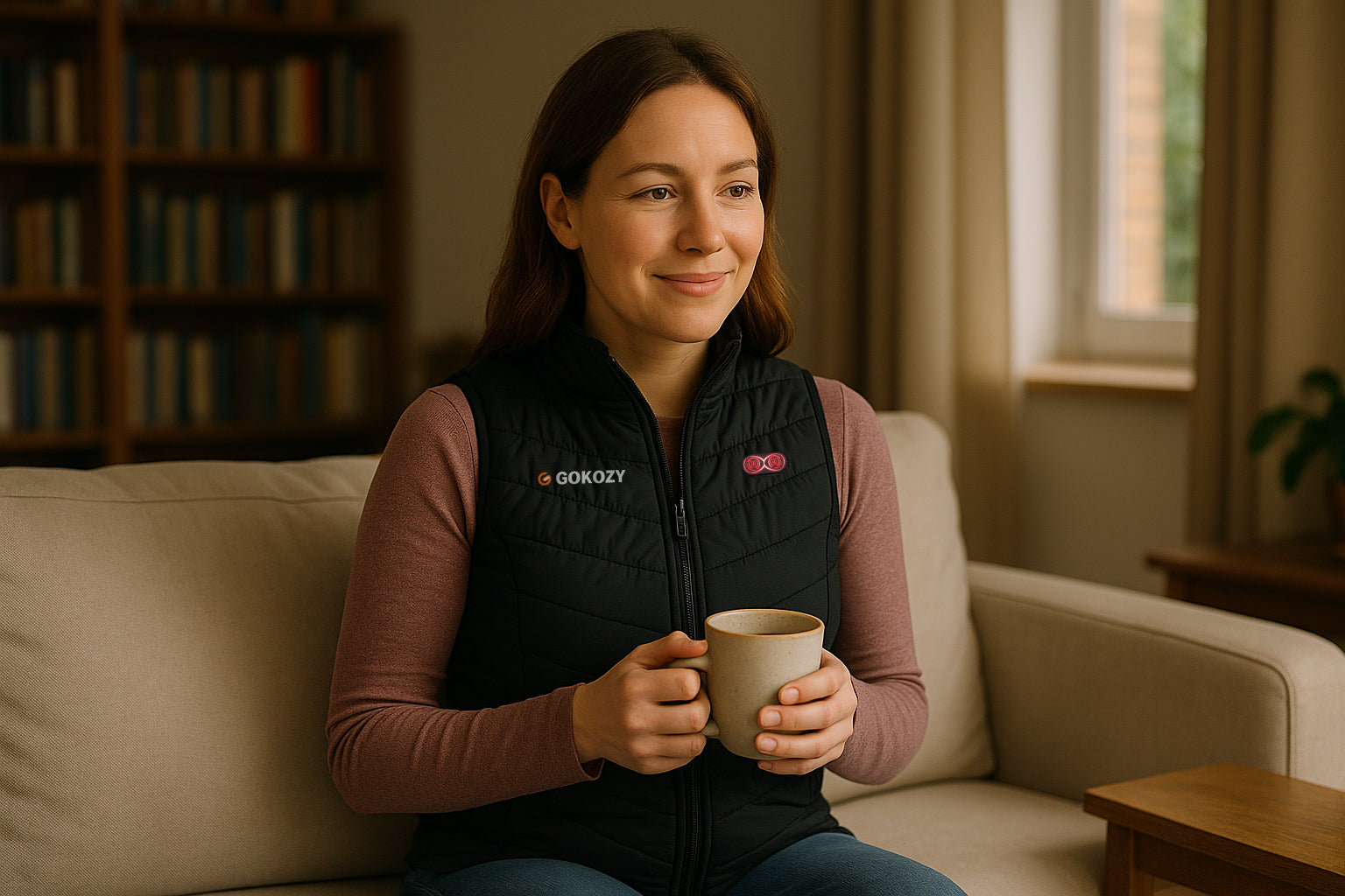 Woman sitting on a sofa indoors wearing a GOKOZY heated vest and holding a mug.