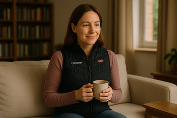 Woman sitting on a sofa indoors wearing a GOKOZY heated vest and holding a mug.