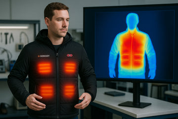 Man testing GOKOZY heated jacket with visible heat zones and thermal screen.