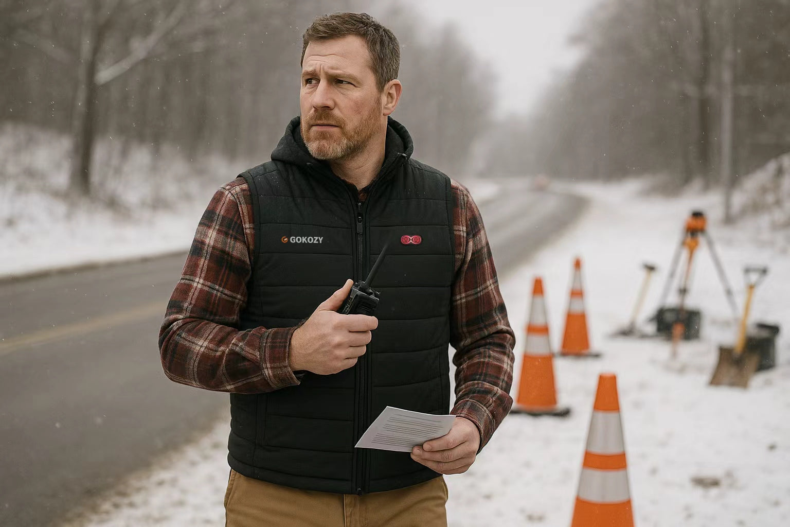 Man wearing a GOKOZY heated vest working outdoors in snowy weather.