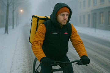 A food delivery rider wearing a GOKOZY heated vest during a cold UK winter day.