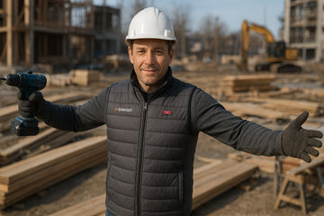 A middle-aged Caucasian male construction worker confidently spreads his arms, showing the heated vest he's wearing, with a construction site in the background, his gaze is firm and alert.