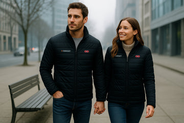 A couple wearing GOKOZY heated jackets enjoying a warm moment together outdoors in winter.