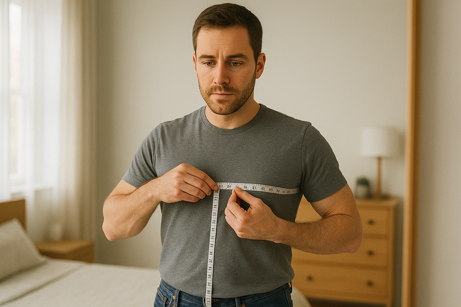 Man measuring chest with tape measure at home to choose correct heated vest size