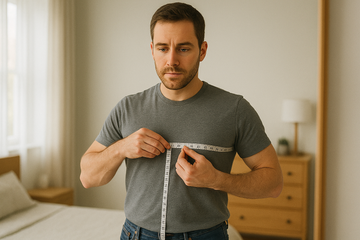 Man measuring chest with tape measure at home to choose correct heated vest size