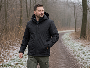 Person wearing a black heated gilet under a jacket while walking a dog on a cold UK morning