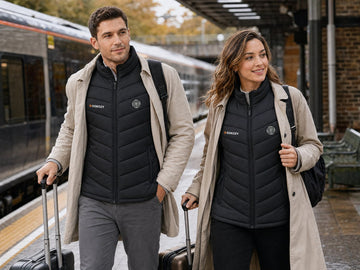 GPT Image 2 reference-generated UK autumn train travel scene with GOKOZY men's and women's heated gilets