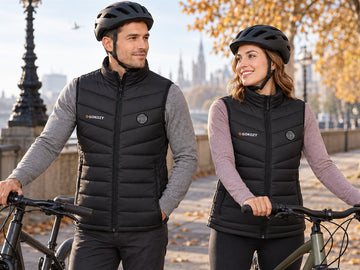 GPT Image 2.5 Sunburst reference-generated UK autumn cycle-commuting scene with GOKOZY men's and women's heated gilets