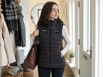 GPT Image 2.0 reference-generated scene of a woman wearing a GOKOZY ladies heated gilet in UK winter