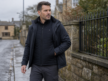 Man wearing a black heated gilet under a winter jacket on a cold UK morning