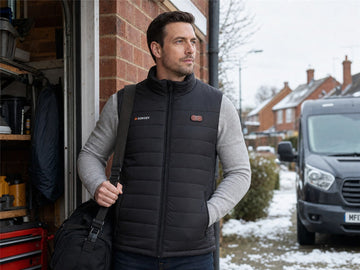 GPT Image 2.0 reference-generated scene of a man wearing a GOKOZY heated body warmer in UK winter