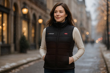 Woman in cream jumper wearing a black GOKOZY heated gilet, hands in pockets, on a European city street at dusk with cafe lights