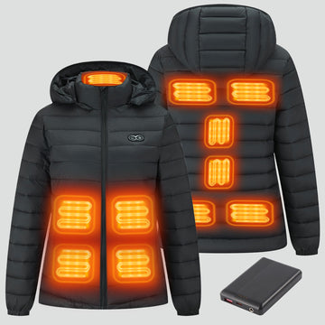 GOKOZY women's heated jacket with hood in black — front and back view showing chest, back and collar heating zones with power bank