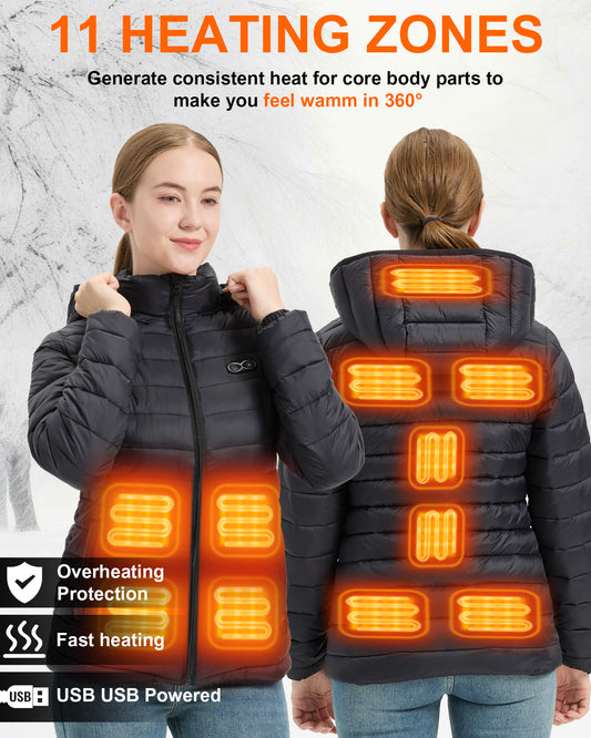 Women’s Heated Coat with 7.4V Battery, Dual Control, 11 Heating Zones